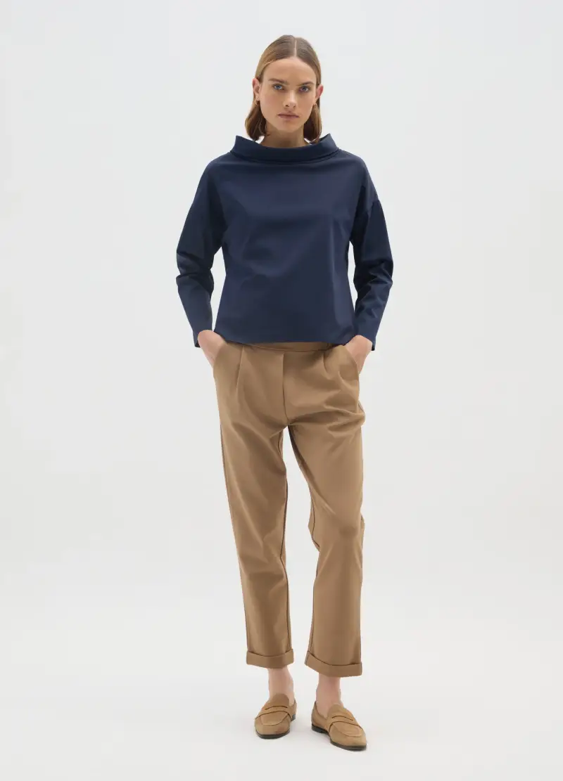 Maglia In Cotone Elasticizzato Blu Regular Fit, Donna, Blu miniatura 2