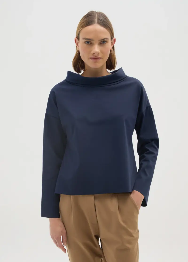 Maglia In Cotone Elasticizzato Blu Regular Fit, Donna, Blu