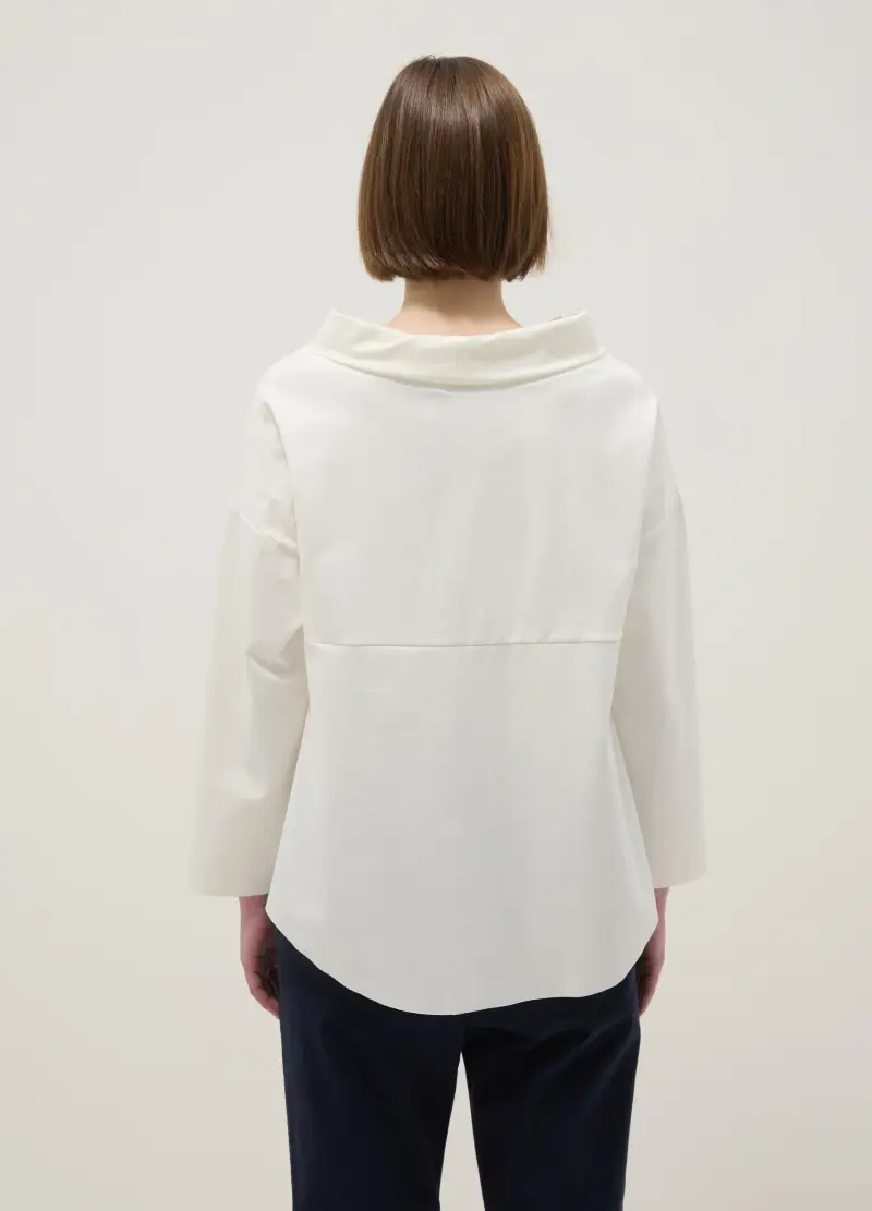 Maglia In Misto Cotone Elasticizzato Bianca Regular Fit Con Collo Ampio, Donna, Bianco miniatura 3