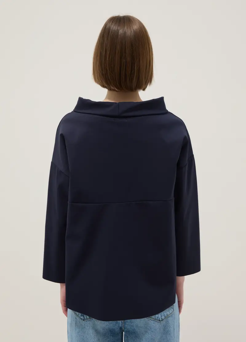 Maglia In Misto Cotone Elasticizzato Blu Regular Fit Con Collo Ampio, Donna, Blu miniatura 3
