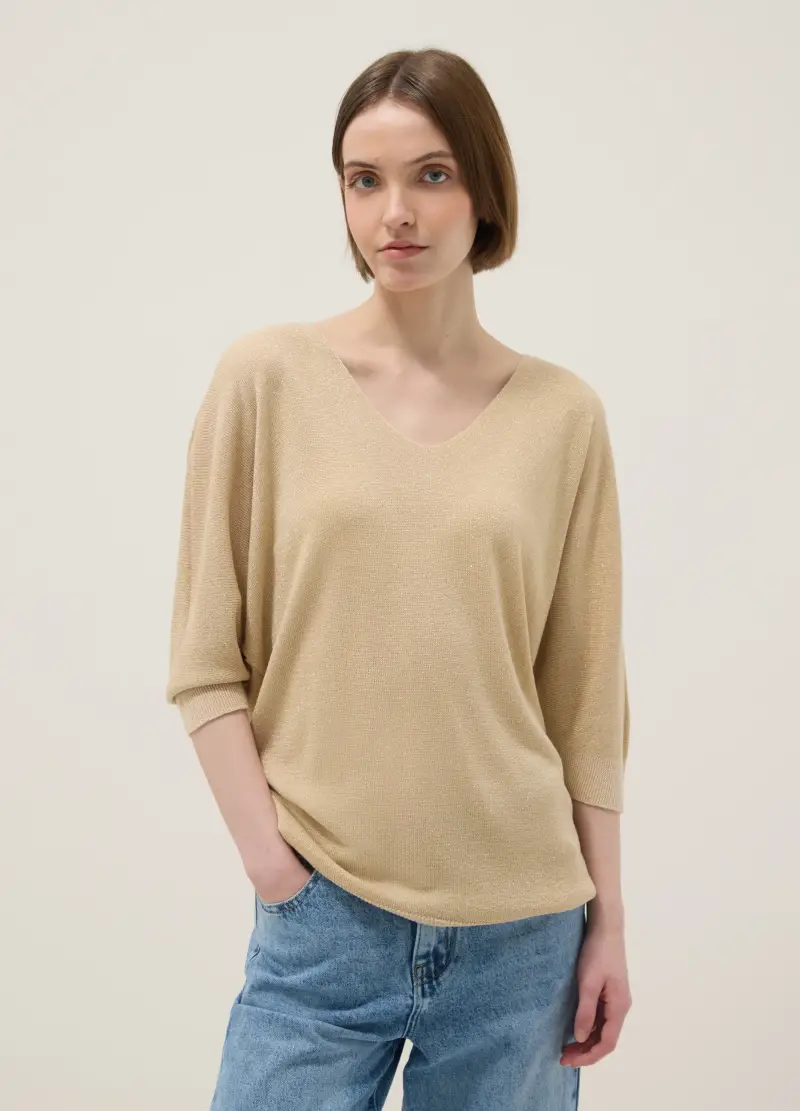 Maglia In Misto Modal Beige Regular Fit Con Design Scintillante, Donna, Beige miniatura 3
