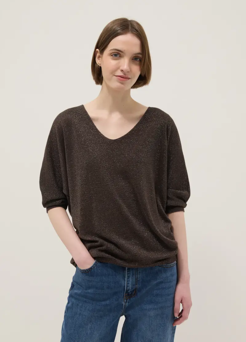 Maglia In Misto Modal Marrone Regular Fit Con Design Scintillante, Donna, Marrone miniatura 3