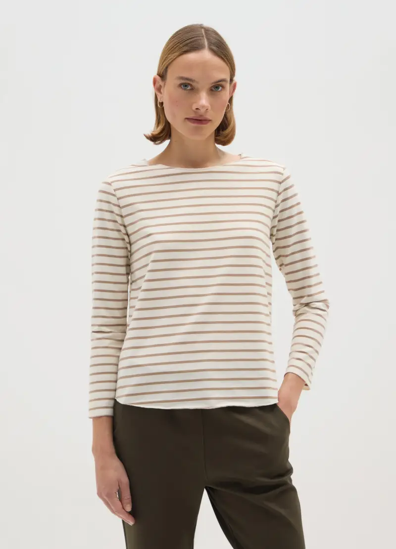 Maglione Beige A Righe In Cotone, Donna, Beige miniatura 2