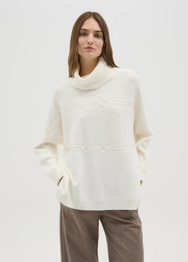Maglione Bianco A Collo Alto Regular Fit Con Ricami, Donna, Bianco