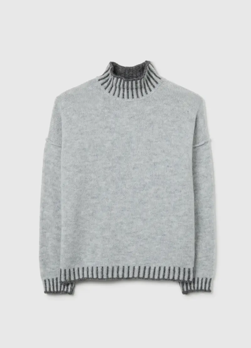 Maglione Grigio Melange Con Collo Alto E Bordi A Contrasto, Donna, Grigio