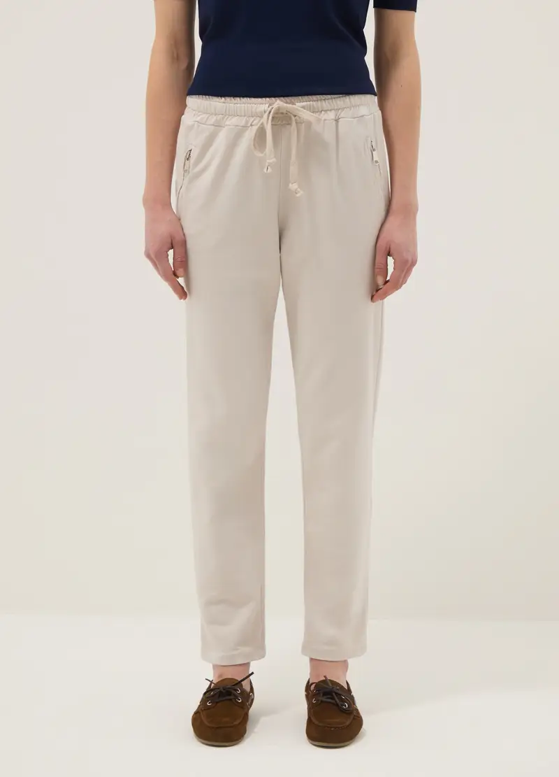 Pantaloni In Cotone Elasticizzato Beige Regular Fit, Donna, Beige miniatura 2