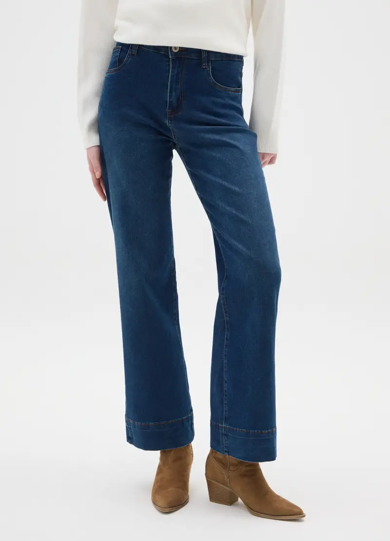 Pantaloni In Cotone Elasticizzato Blu Regular Fit, Donna, Blu miniatura 2