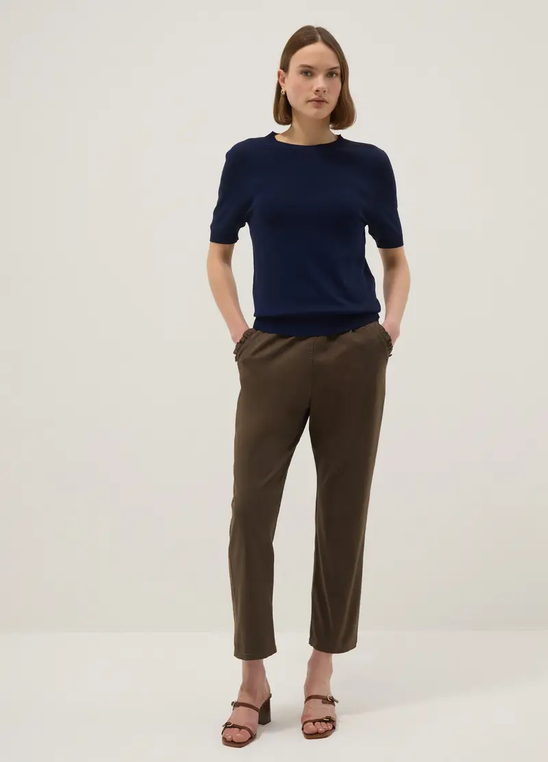 Pantaloni In Cotone Elasticizzato Marroni Regular Fit, Donna, Marrone