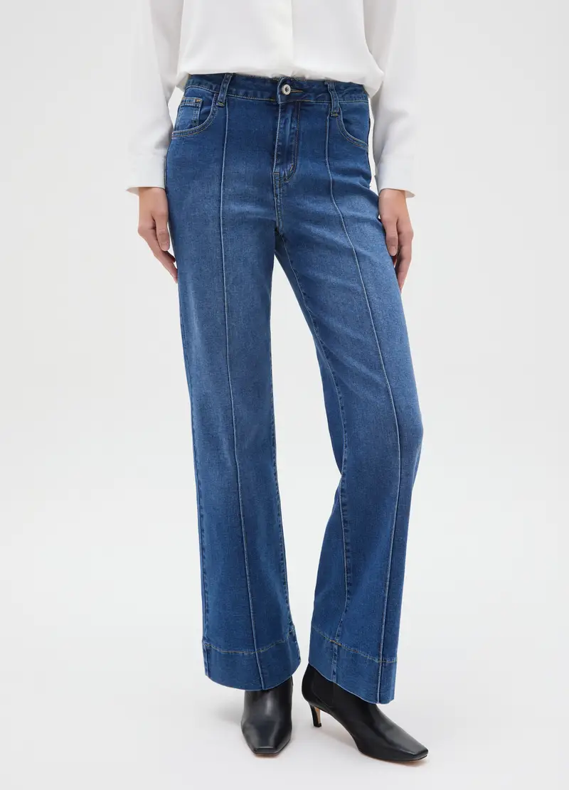 Pantaloni In Denim Blu Regular Fit Wide Leg, Donna, Blu miniatura 2