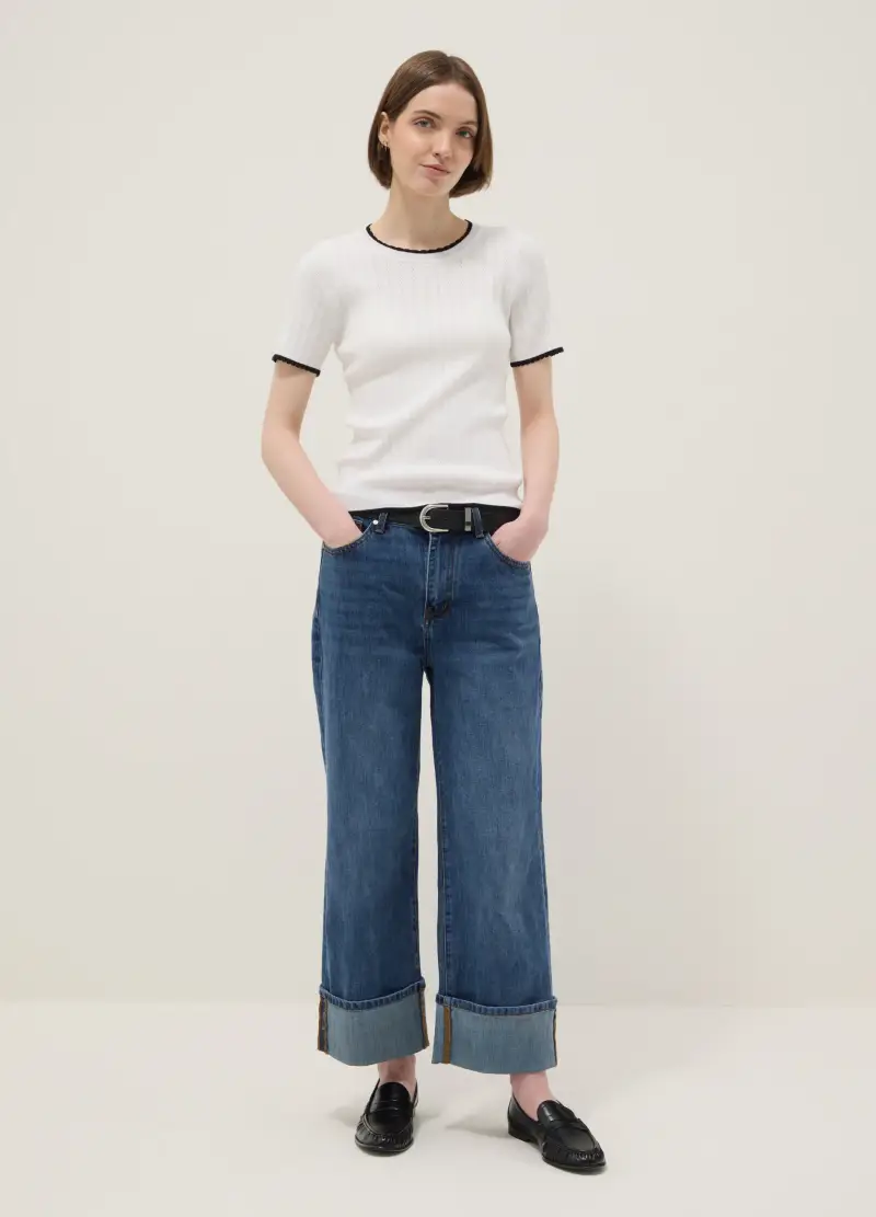 Pantaloni In Misto Cotone Denim Elasticizzato Blu Regular Fit, Donna, Denim