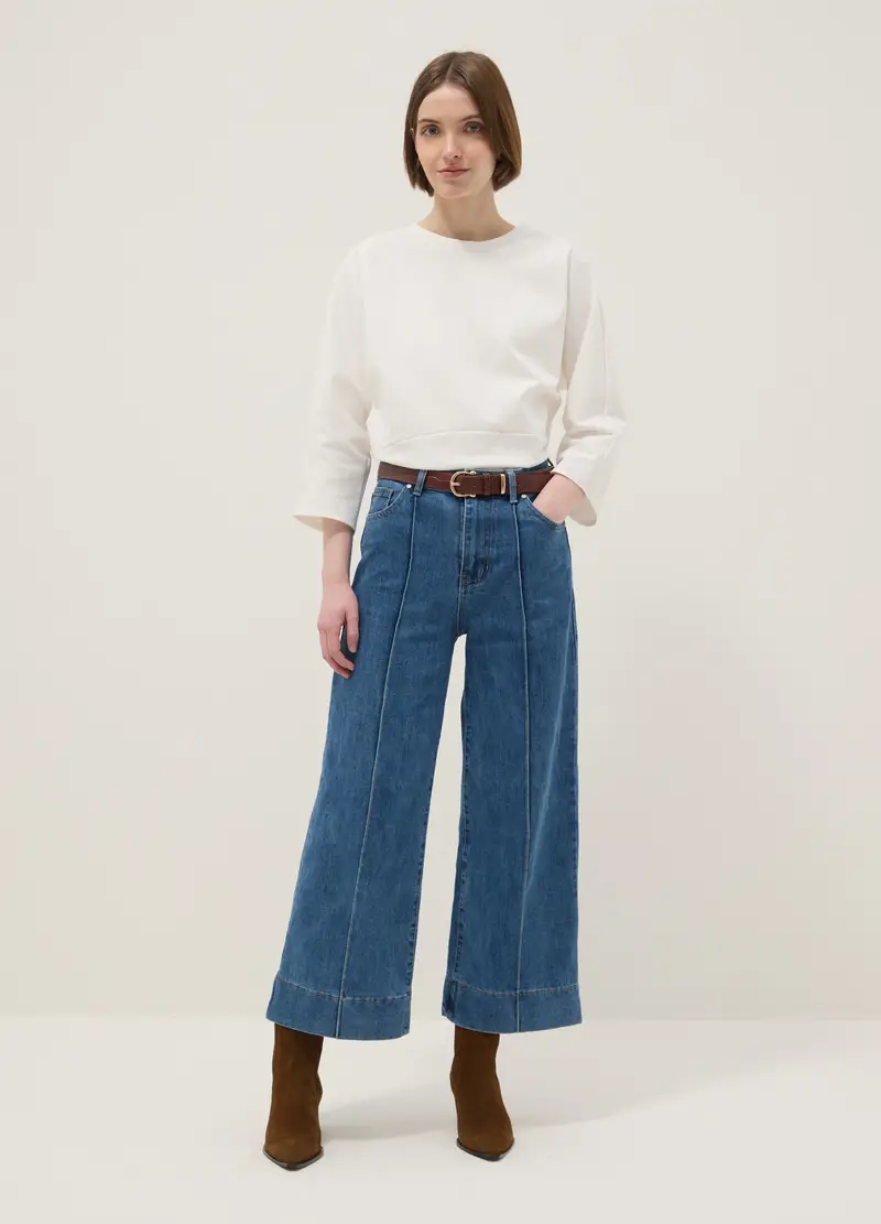 Pantaloni In Misto Cotone Denim Elasticizzato Blu Regular Fit, Donna, Denim