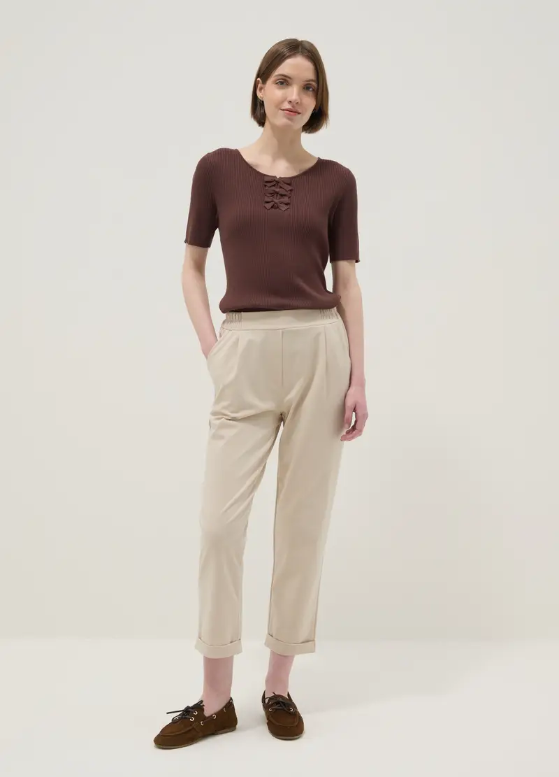 Pantaloni In Misto Cotone Elasticizzato Beige Regular Fit, Donna, Beige