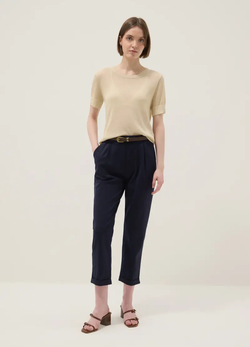 Pantaloni In Misto Cotone Elasticizzato Blu Regular Fit, Donna, Blu