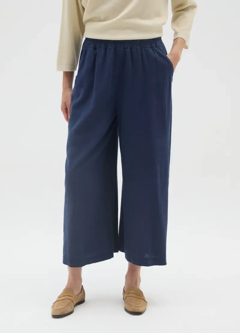 Pantaloni In Misto Lino Blu Wide Leg, Donna, Blu miniatura 2