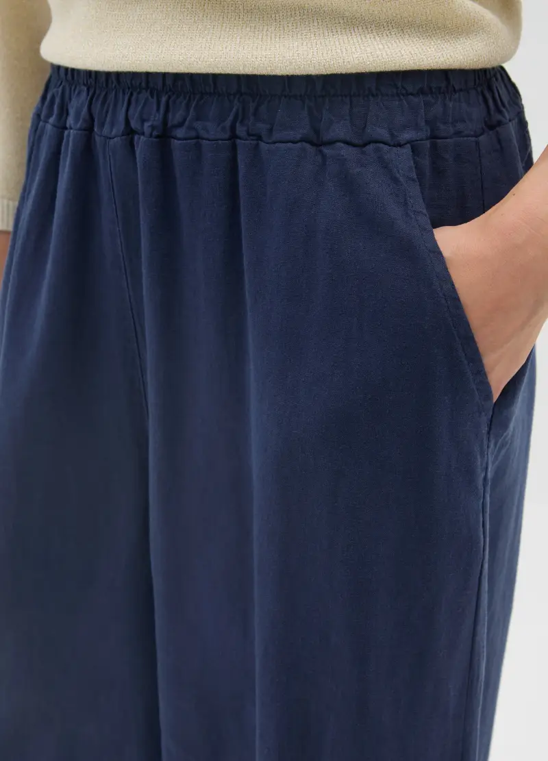 Pantaloni In Misto Lino Blu Wide Leg, Donna, Blu miniatura 3