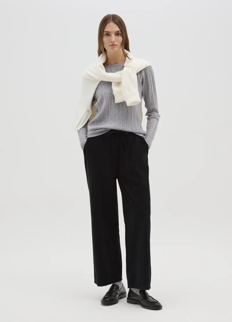 Pantaloni Neri In Puro Cotone Con Vita Elasticizzata, Donna, Nero