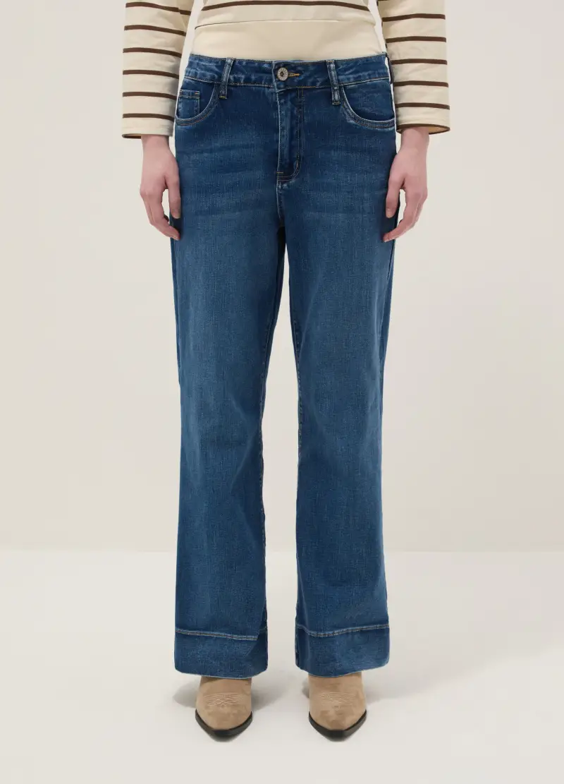 Pantaloni Wide Leg In Misto Cotone Denim Elasticizzato Blu, Donna, Denim miniatura 2