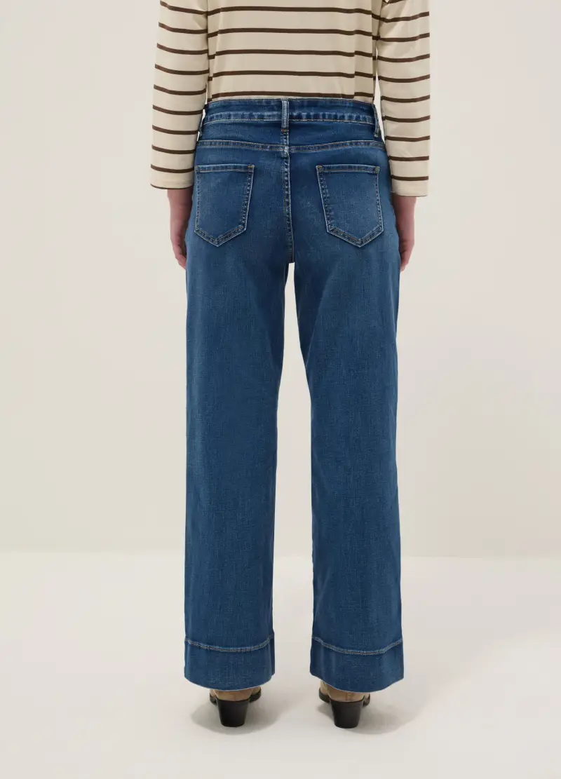 Pantaloni Wide Leg In Misto Cotone Denim Elasticizzato Blu, Donna, Denim miniatura 3