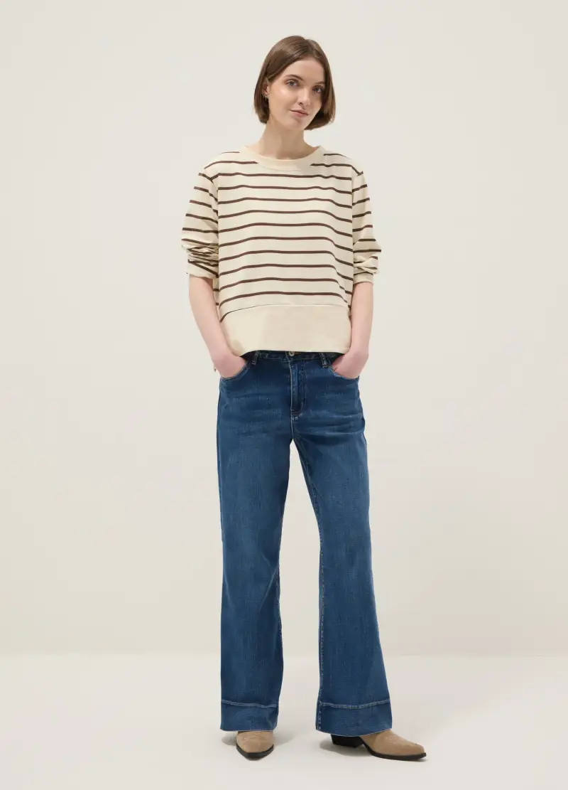 Pantaloni Wide Leg In Misto Cotone Denim Elasticizzato Blu, Donna, Denim