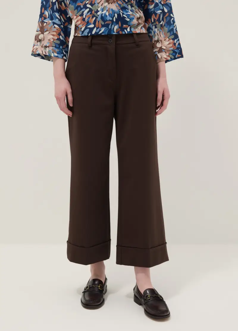 Pantaloni Wide Leg In Misto Cotone Elasticizzato Marroni Regular Fit, Donna, Marrone miniatura 2