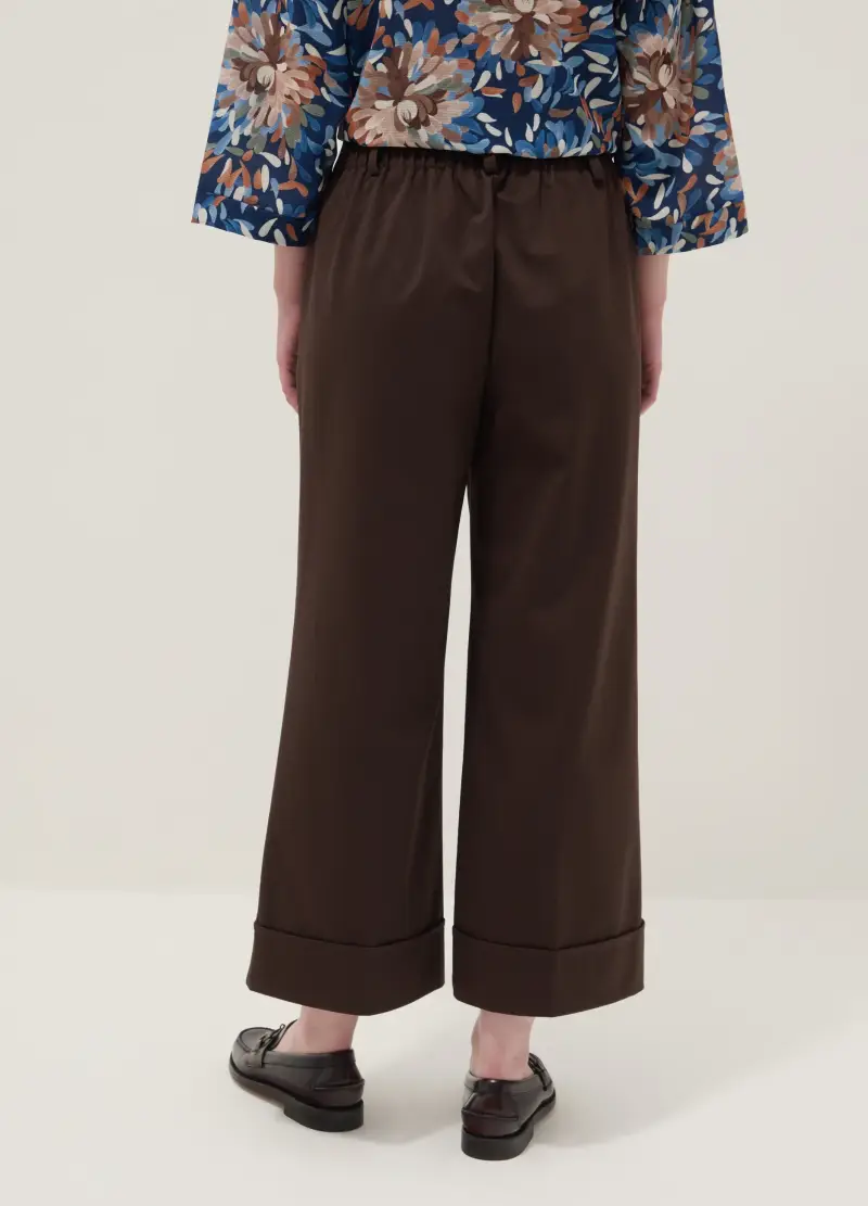 Pantaloni Wide Leg In Misto Cotone Elasticizzato Marroni Regular Fit, Donna, Marrone miniatura 3