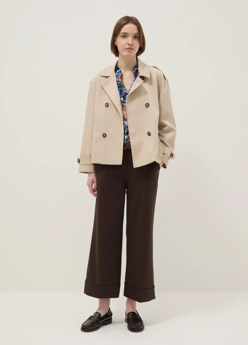 Pantaloni Wide Leg In Misto Cotone Elasticizzato Marroni Regular Fit, Donna, Marrone