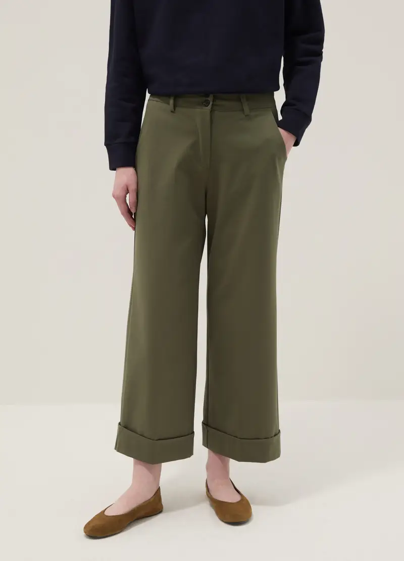 Pantaloni Wide Leg In Misto Cotone Elasticizzato Verdi Regular Fit, Donna, Verde miniatura 2