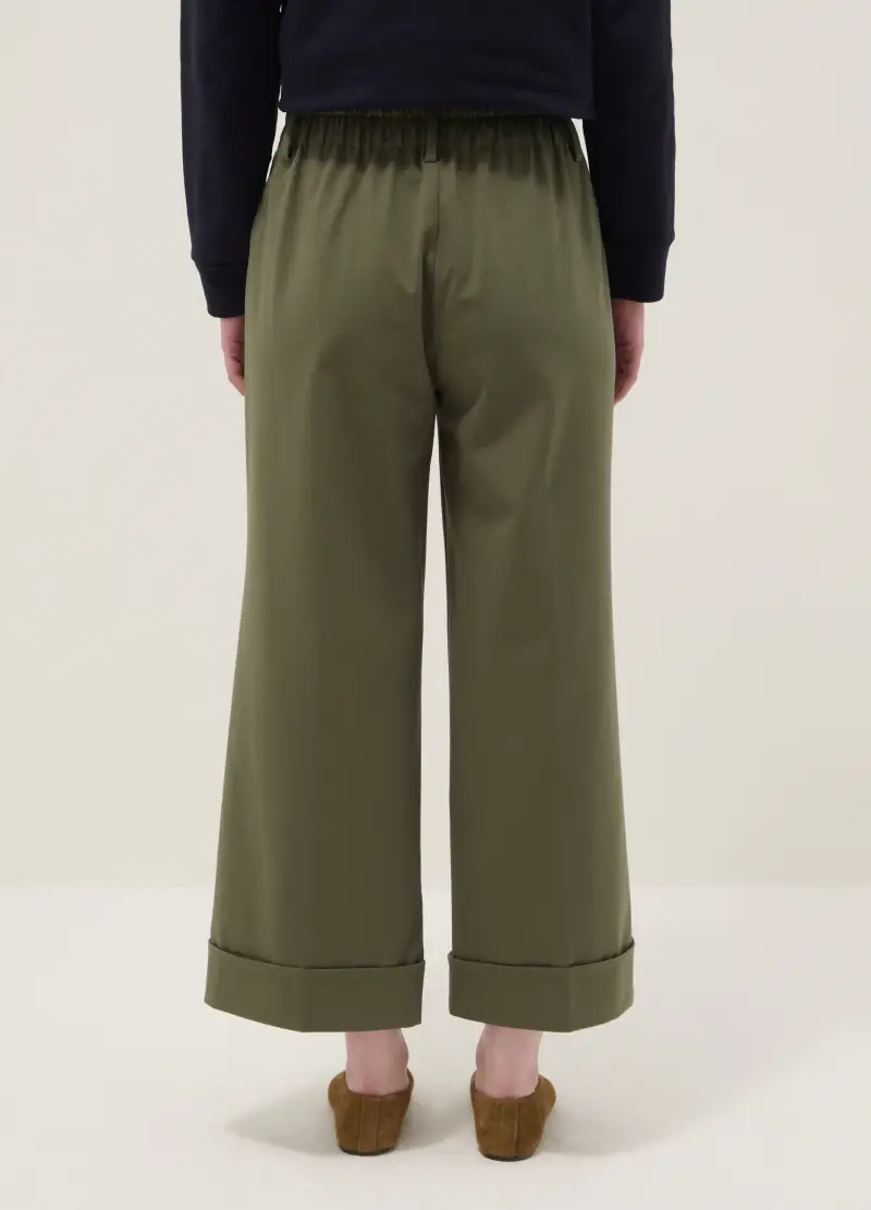 Pantaloni Wide Leg In Misto Cotone Elasticizzato Verdi Regular Fit, Donna, Verde miniatura 3