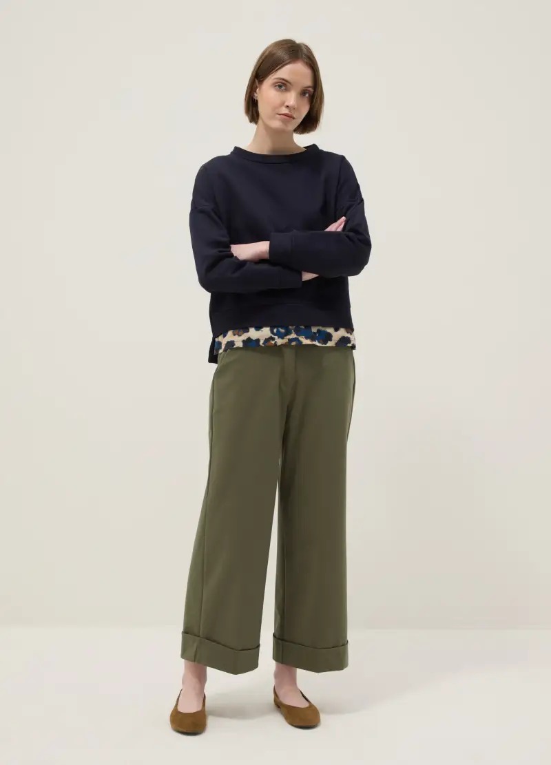 Pantaloni Wide Leg In Misto Cotone Elasticizzato Verdi Regular Fit, Donna, Verde