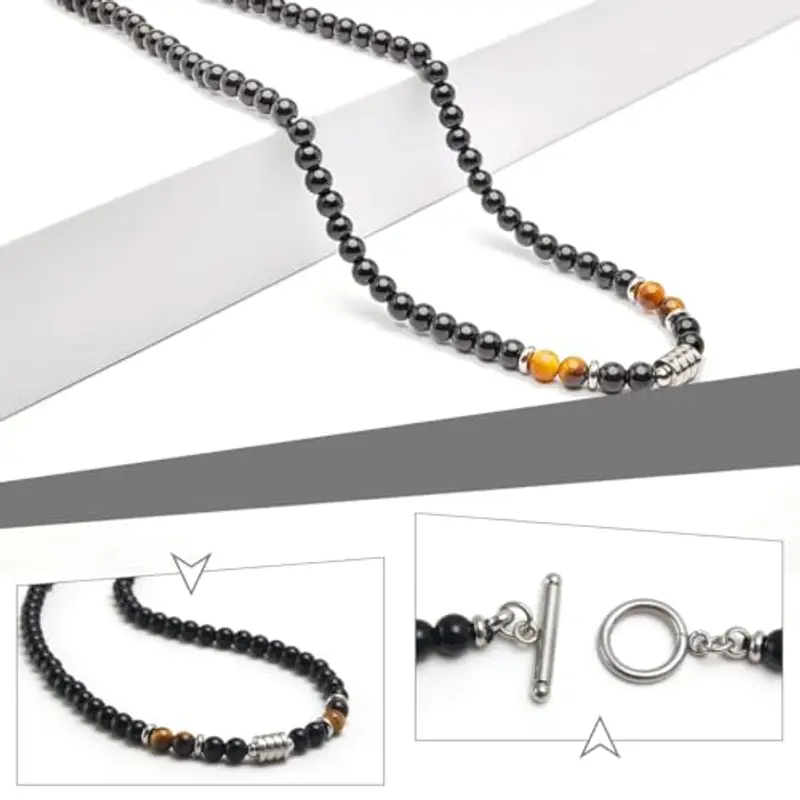 HYRKOTW Collana da Uomo in Pietre e Cristalli con Perline di Ematite Occhio di Tigre e Ossidiana, Collana da Uomo con Perle di Pietre Naturali e Cristalli, Collana in occhio di tigre e ossidiana miniatura 3