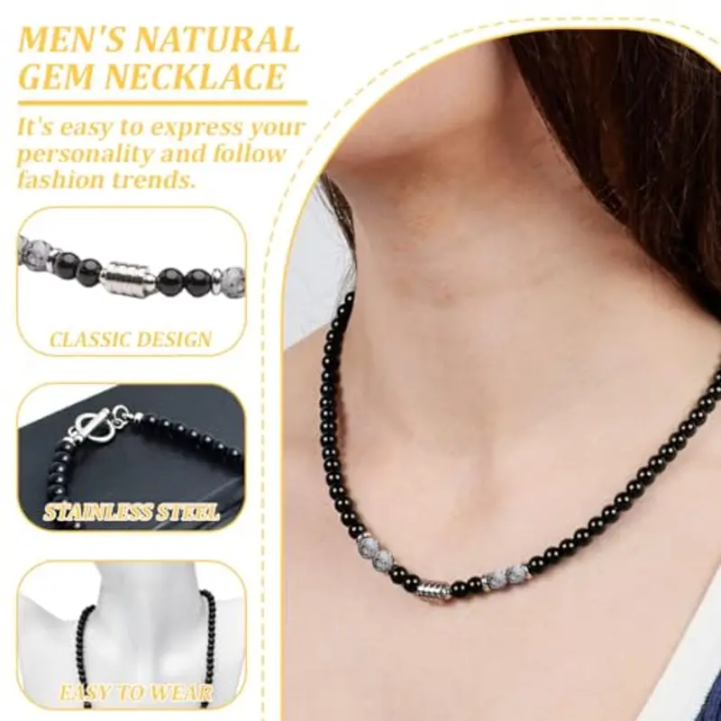 HYRKOTW Collana Uomo, Collana Uomo in Pietre Naturali con 6 mm Perle di Ossidiana Nera e Pietra della mappa 6 mm - Gioiello Maschile Elegante, Ideale per Lui miniatura 3