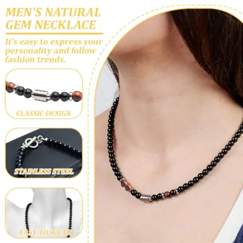 HYRKOTW Collana Uomo, Collana Uomo in Pietre Naturali con 6 mm Perle di Ossidiana Nera e Pietra occhio di tigre rossa 6 mm - Gioiello Maschile Elegante, Ideale per Lui miniatura 3