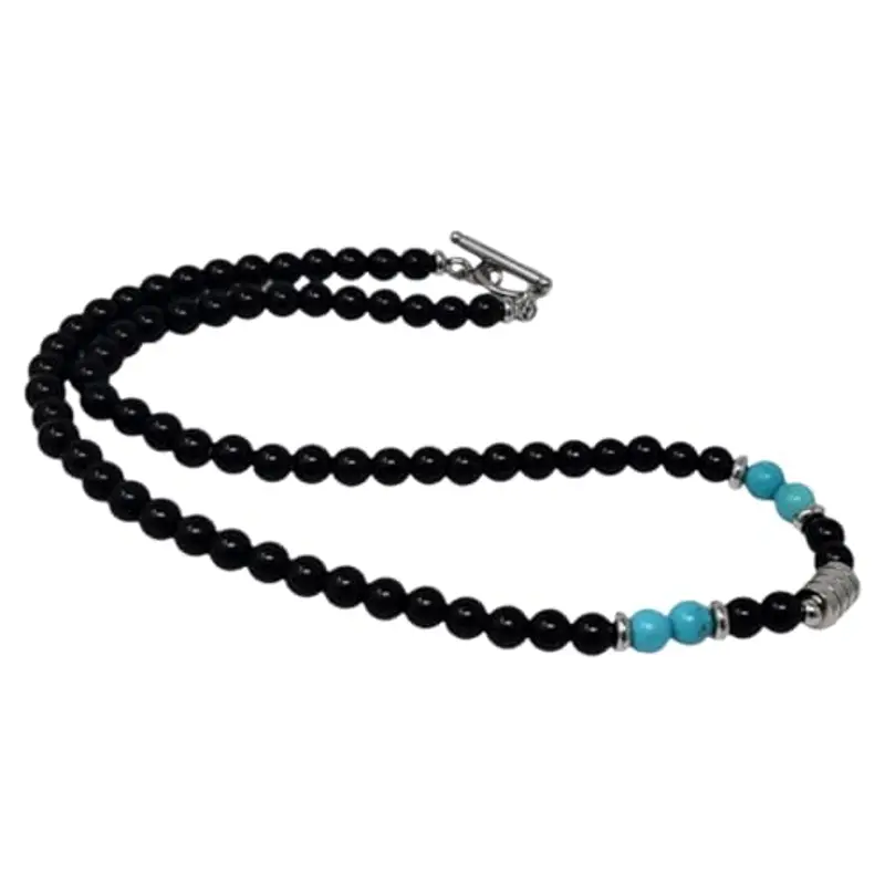 HYRKOTW Collana Uomo, Collana Uomo in Pietre Naturali con 6 mm Perle di Ossidiana Nera e turchese 6 mm - Gioiello Maschile Elegante, Ideale per Lui