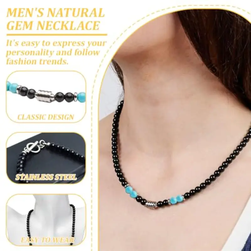 HYRKOTW Collana Uomo, Collana Uomo in Pietre Naturali con 6 mm Perle di Ossidiana Nera e turchese 6 mm - Gioiello Maschile Elegante, Ideale per Lui miniatura 3
