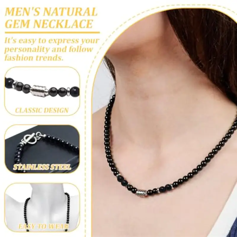 HYRKOTW Collana Uomo, Collana Uomo in Pietre Naturali con Perle di Ossidiana Nera 6MM - Gioiello Maschile Elegante, Ideale per Lui miniatura 3