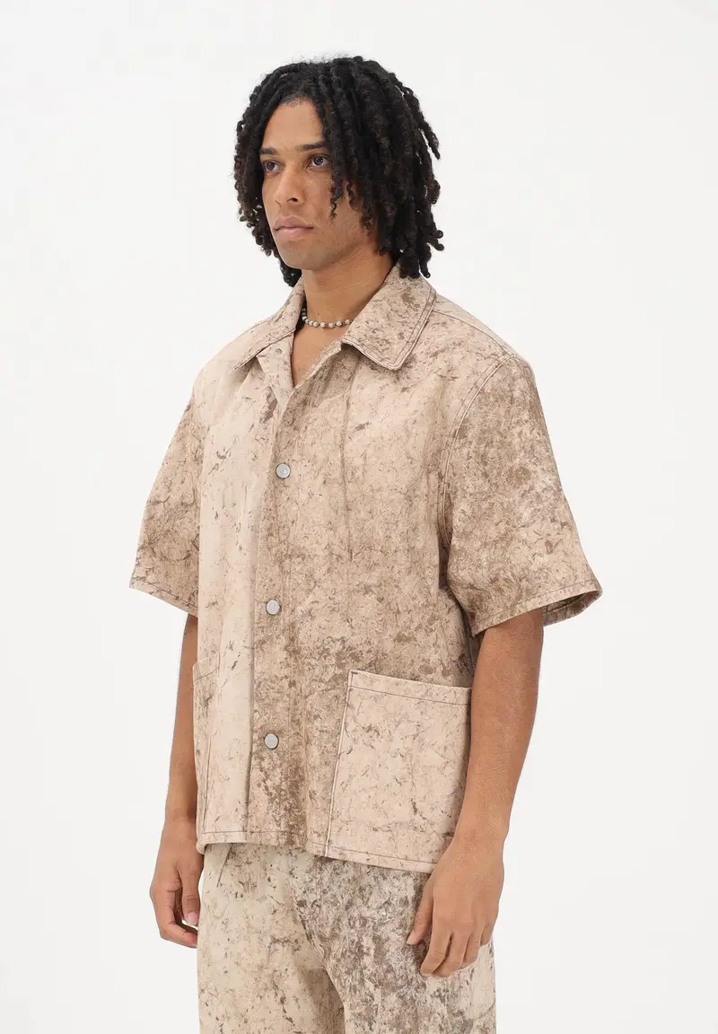 Camica a manica corta beige da uomo con stampa effetto marmorizzato