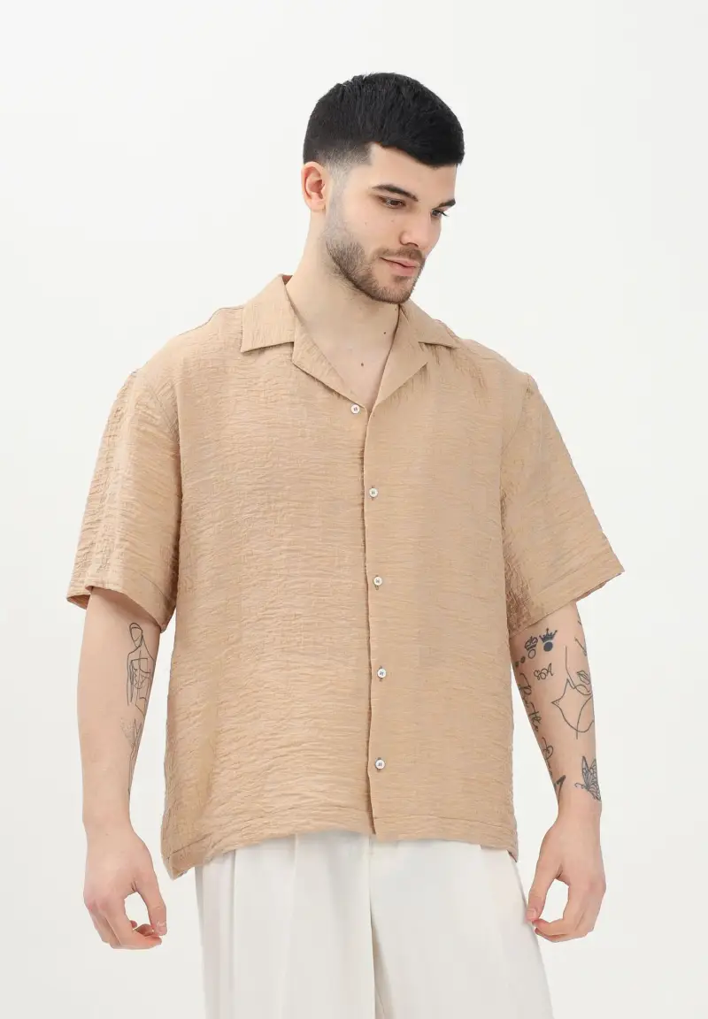 Camicia a manica corta beige da uomo in tessuto leggero e testurizzato miniatura 2