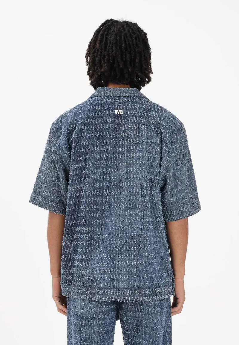 Camicia a manica corta in denim medio da uomo con lavorazione miniatura 3