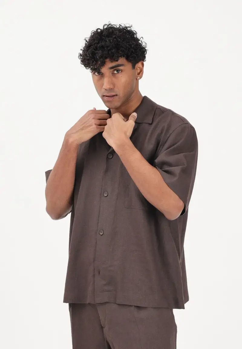 Camicia a manica corta in lino marrone da uomo miniatura 2