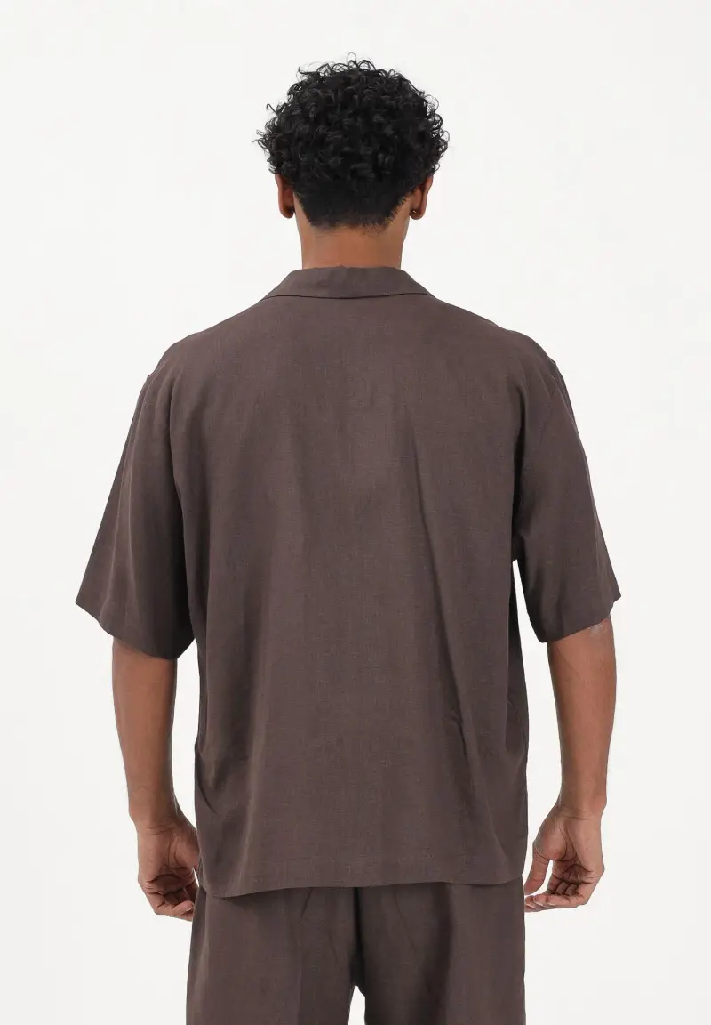 Camicia a manica corta in lino marrone da uomo miniatura 3