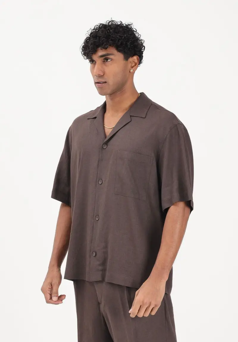 Camicia a manica corta in lino marrone da uomo