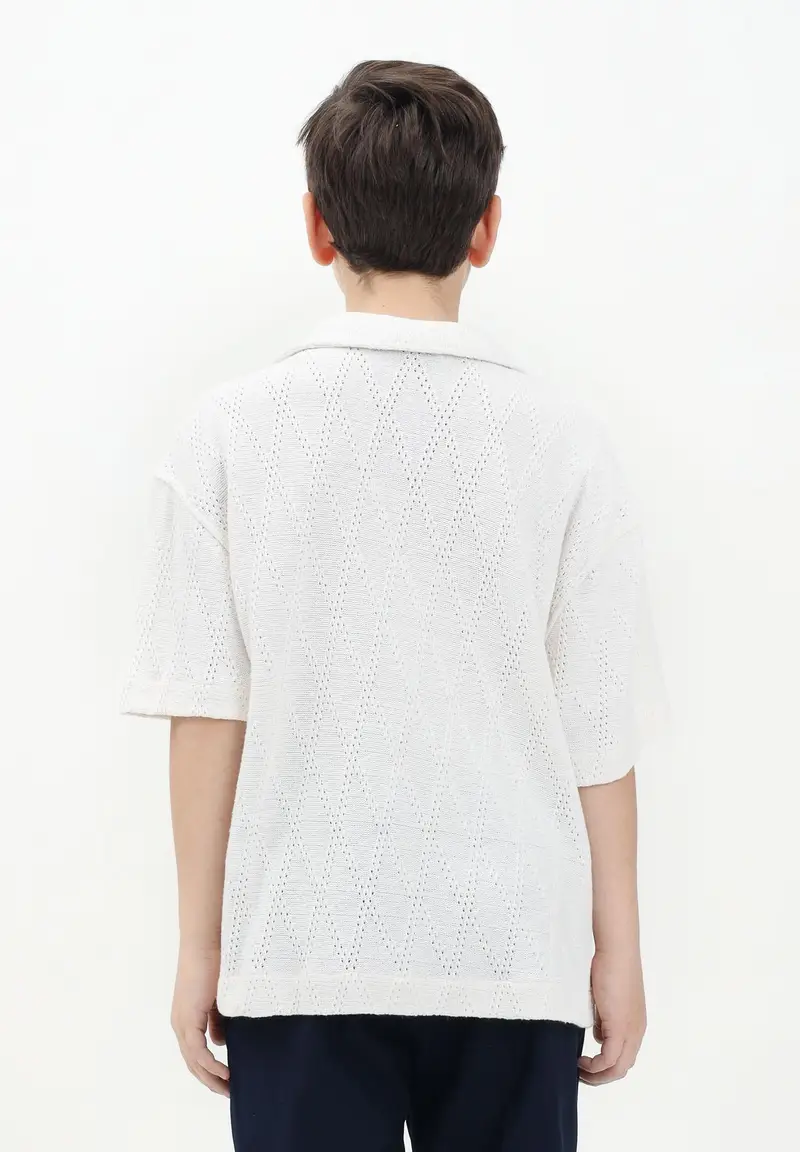 I'M BRIAN Camicia a manica corta panna da bambino con lavorazione a rombi traforati miniatura 2