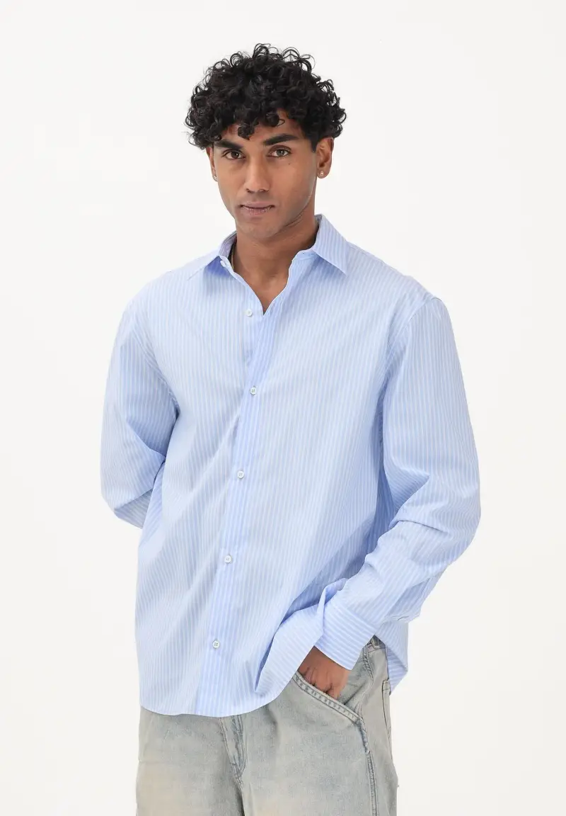 Camicia a manica lunga azzurra da uomo con motivo a righe miniatura 2