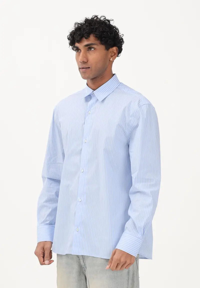 Camicia a manica lunga azzurra da uomo con motivo a righe
