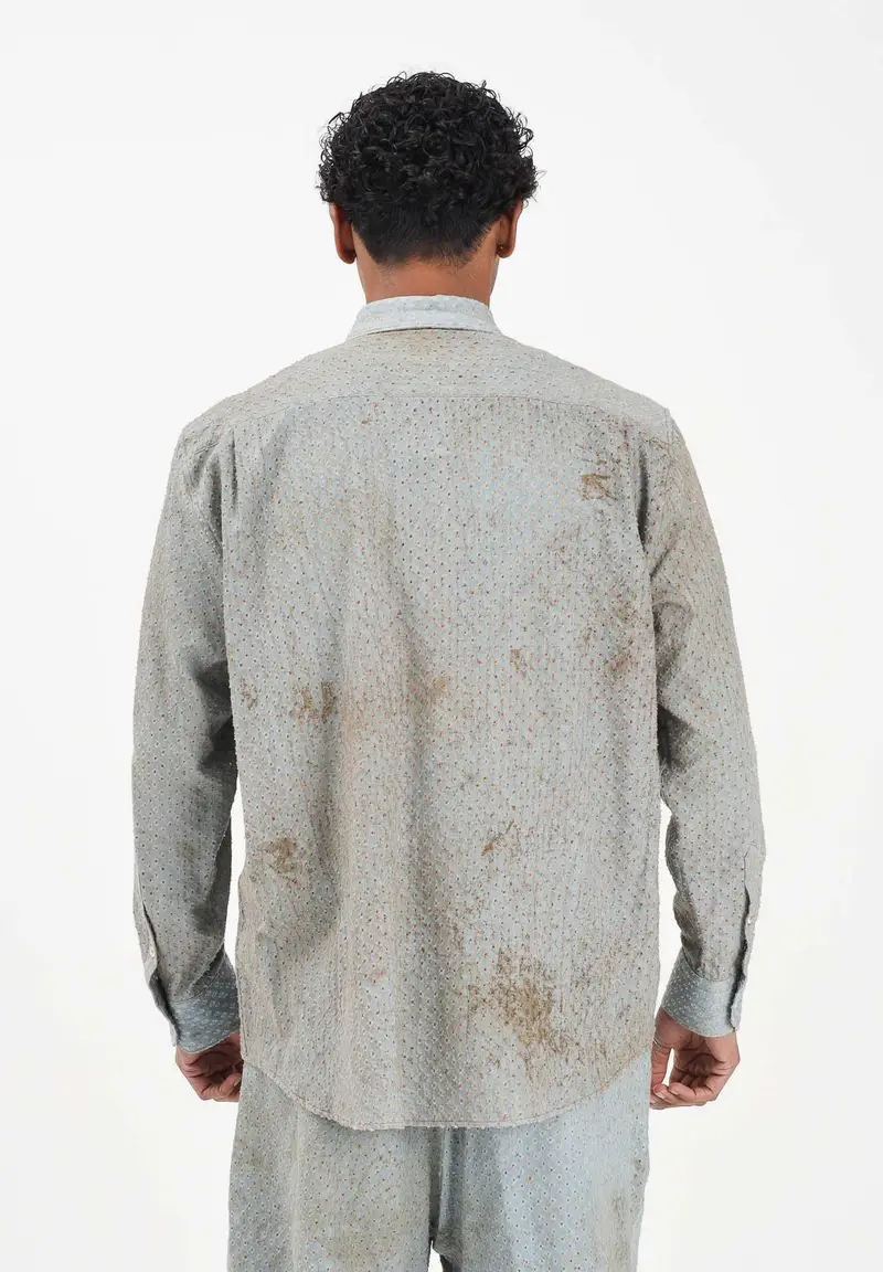 Camicia a manica lunga celeste da uomo con micro-lavorazione traforata miniatura 3