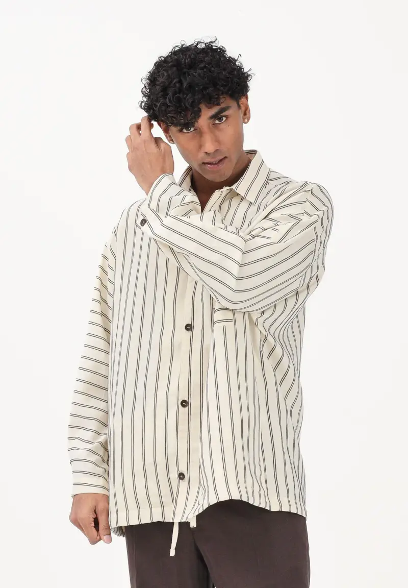 Camicia a manica lunga crema da uomo con motivo a righe marroni miniatura 2