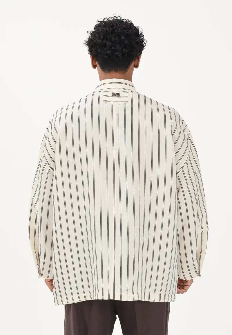 Camicia a manica lunga crema da uomo con motivo a righe marroni miniatura 3