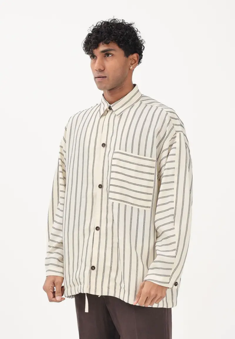 Camicia a manica lunga crema da uomo con motivo a righe marroni