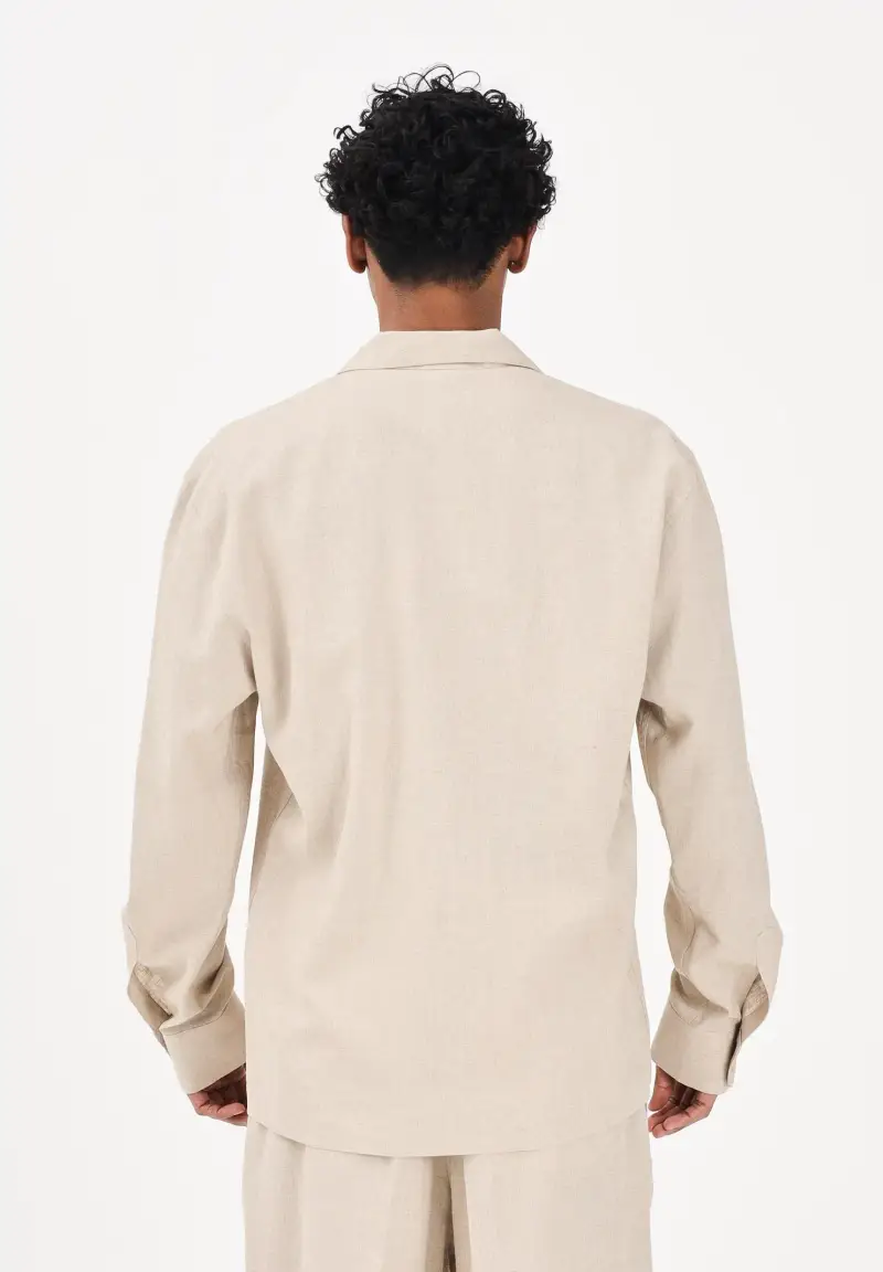 Camicia a manica lunga in lino beige da uomo miniatura 3