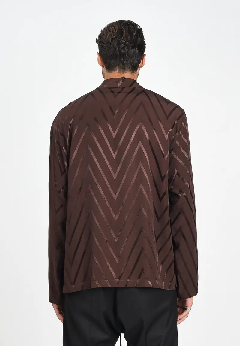 I'M BRIAN Camicia a manica lunga marrone da uomo con motivo a zig-zag miniatura 3